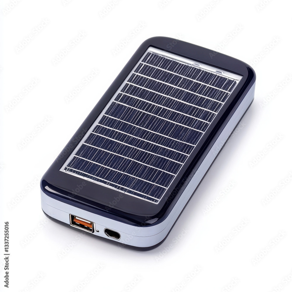 Poster solar power bank on a wooden surface with natural light showcasing its design and functional feature