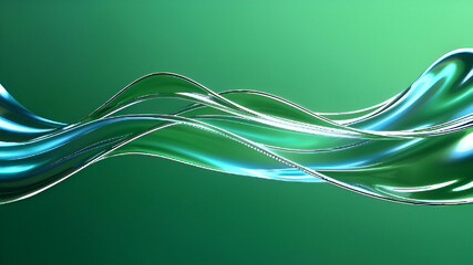 3D abstract green and blue fluid liquid glass waves background clear ribbon line on green background