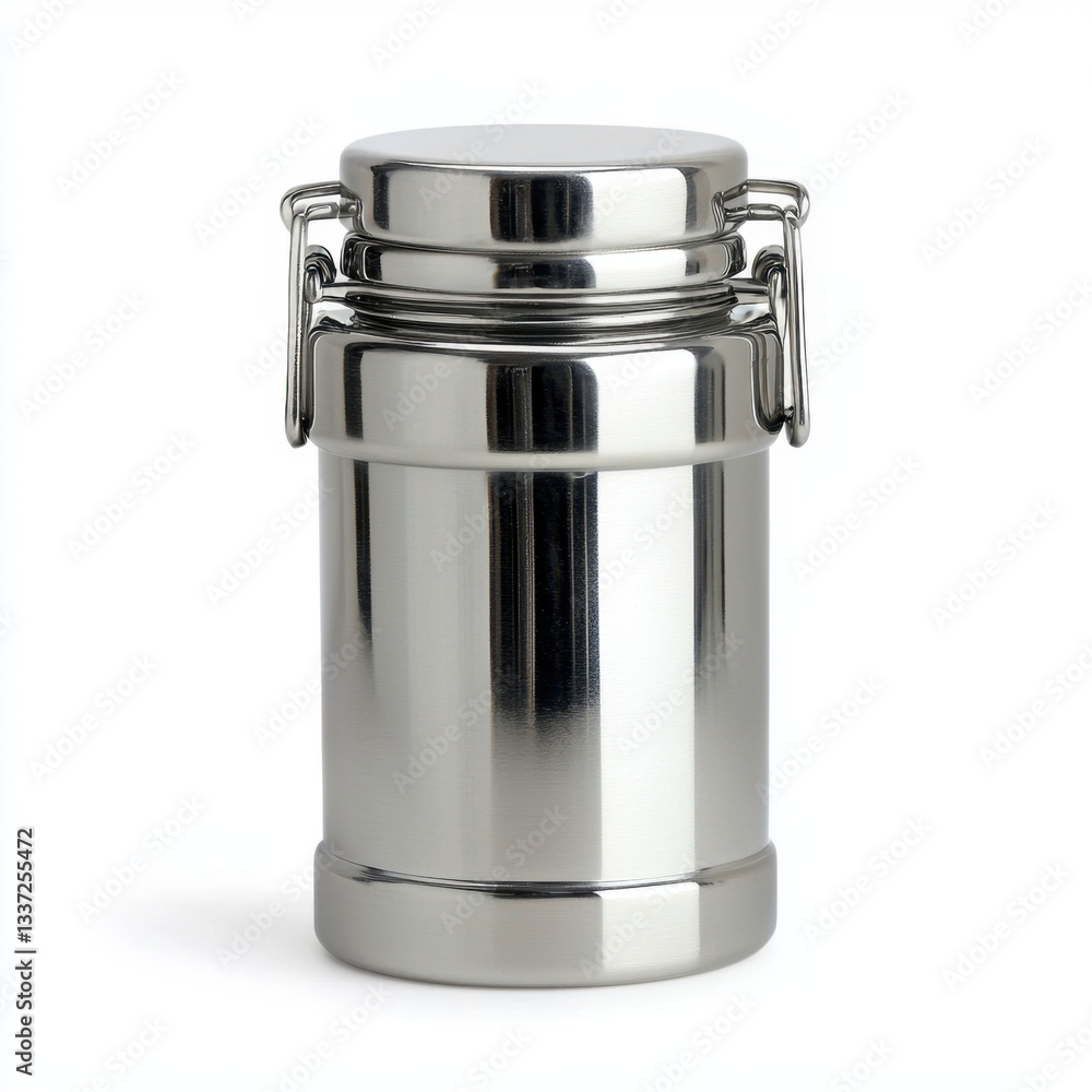 Poster polished stainless steel canister with a sleek design and smooth surface against a minimal backgroun