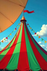 Large three-color festival tent, vibrant red, blue, green hues Bold striped design, classic circus style , party, carnival