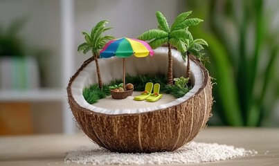 Miniature tropical beach scene inside a coconut shell