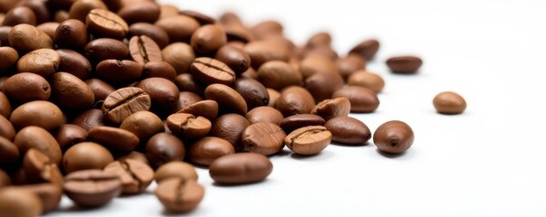Obraz premium Roasted coffee beans scattered on white, close-up, robusta, beans