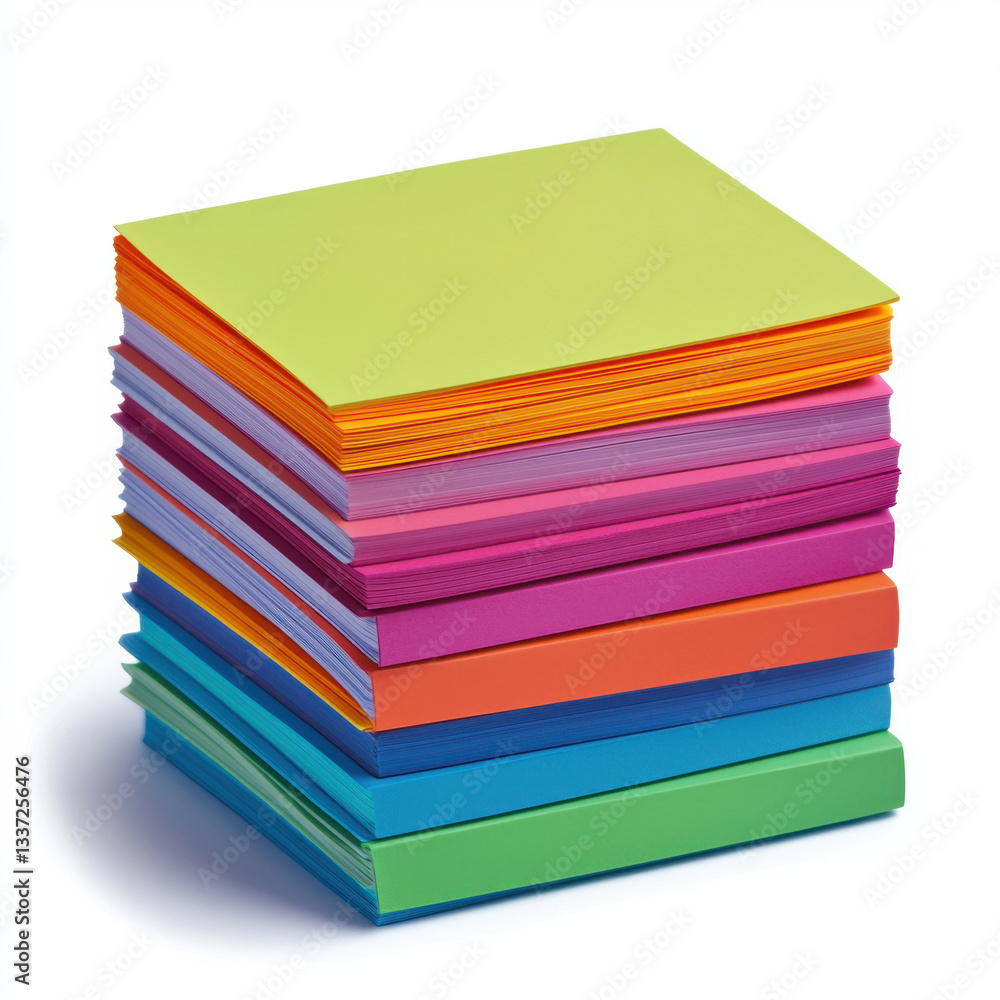 Poster a vibrant stack of colored paper sheets displayed neatly with a focus on the vivid hues and textures