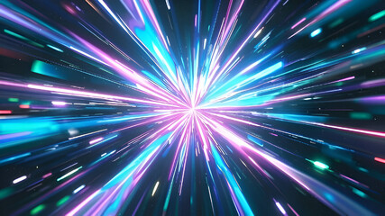 Abstract explosion of holographic light, with colors shifting between pink, blue, and green