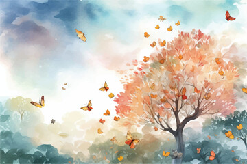 Watercolor Vector Background With Birds | Hand-Painted Wall Mate