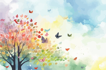 Watercolor Vector Background With Birds | Hand-Painted Wall Mate