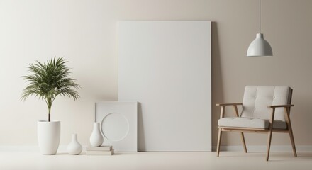 Interior design mockup with art frame and chair for modern minimalist living room, beige background for promoting home decor or interior design business ideas