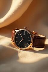 Elegant timepiece resting on soft fabric illuminated by warm sunlight in an artistic still life setting