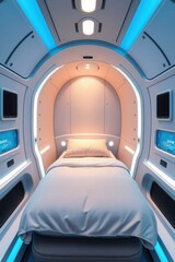 Obraz premium Futuristic sleeping pod design featuring soft lighting in a cozy, compact space for rest and relaxation