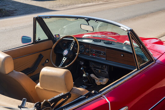 Interior of a vintage sports car Fiat 124 Spider from the year 1967. Berendrecht (Belgium) February 23, 2025