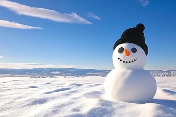 Obraz premium Sunny Snowman in Snowy Winter Landscape.
