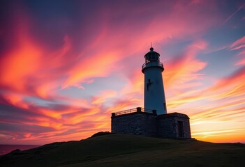 Dramatic sunset colors paint the sky behind Neist Point Lighthouse, Scotland, cliff, landscape