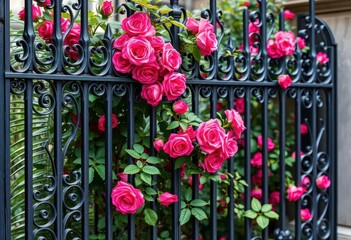 Obraz premium Elegant iron fence with intricate floral scrollwork, climbing roses visible, roses, springtime