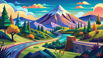 Obraz premium a painting of a mountain scene with a road going through it