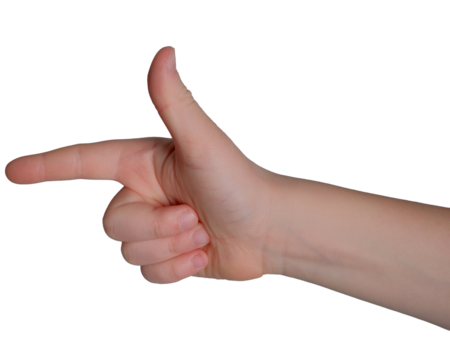 Gesture of imagination with fingers poised like a playful gun