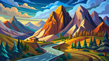 a painting of a mountain scene with a road going through it