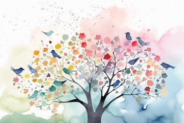 Watercolor Vector Background With Birds | Hand-Painted Wall Mate