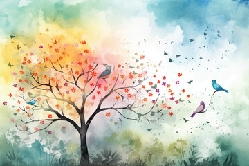 Watercolor Vector Background With Birds | Hand-Painted Wall Mate