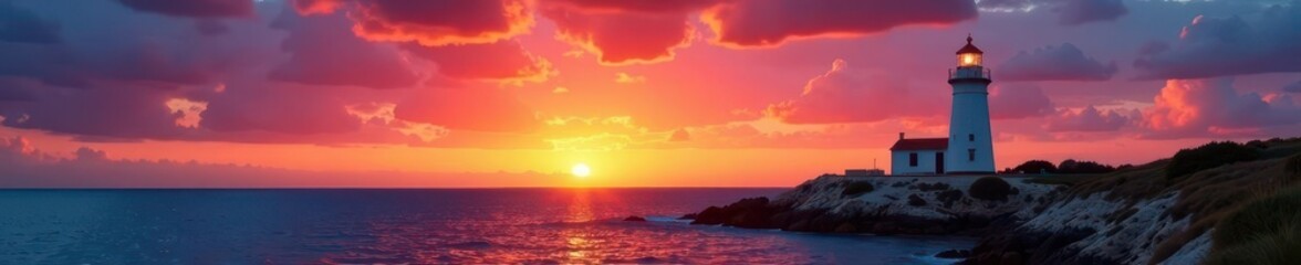 Fototapeta premium Solitary Formentera lighthouse against dramatic sunset sky, red, evening