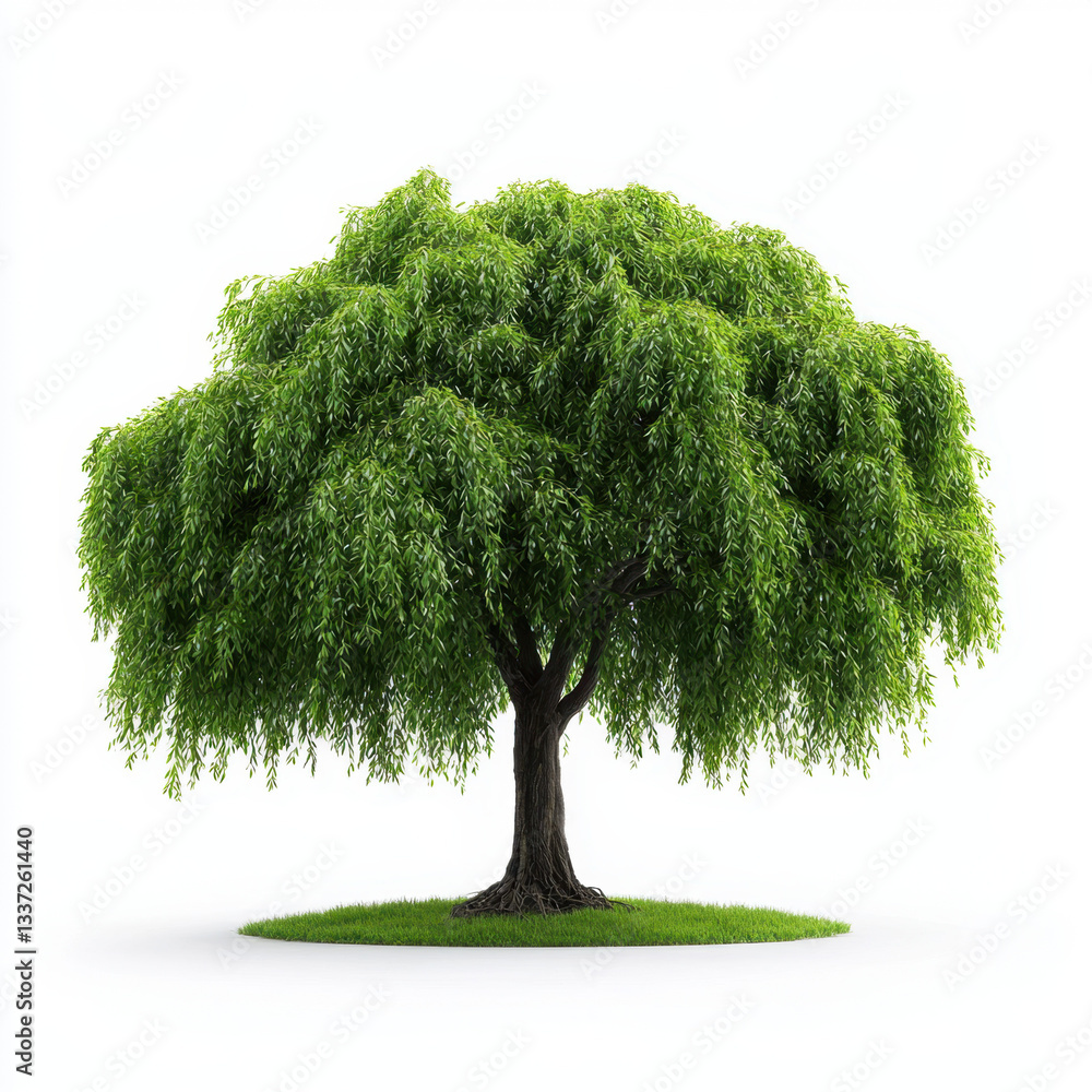 Poster elegant weeping willow tree with cascading green leaves set against a pure white background ideal fo
