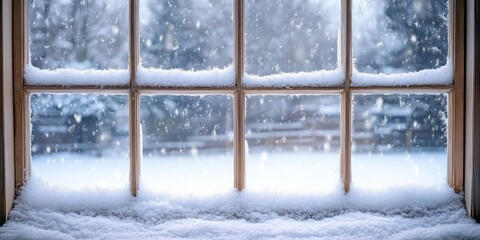 A snowy scene viewed through a paneled wooden window frame