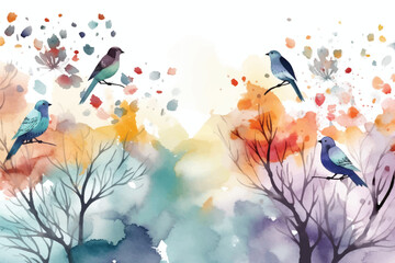 Watercolor Vector Background With Birds | Hand-Painted Wall Mate