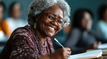 Smiling older woman taking notes in a classroom
