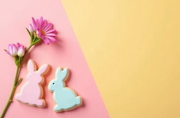 Funny bunny cookies covered with frosting with flowers on a creative pink and yellow background with copy space