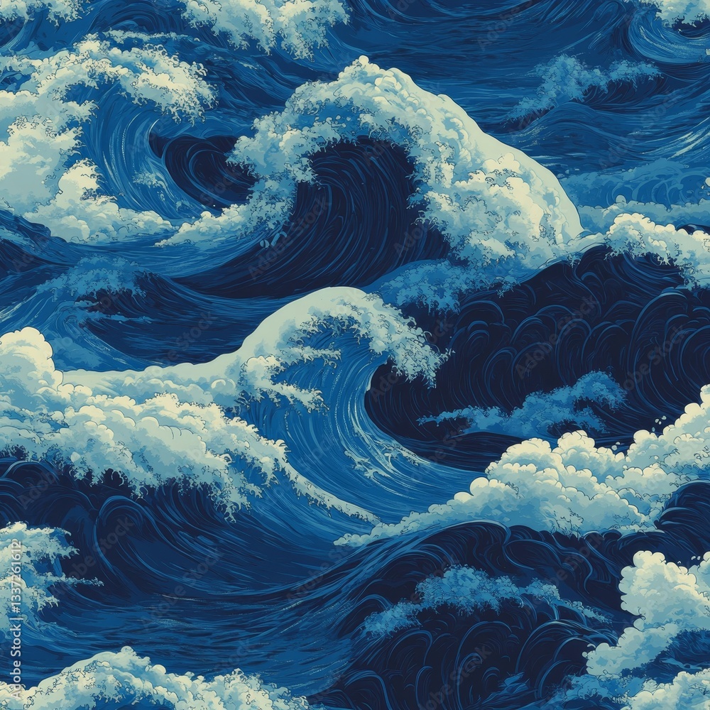 Poster blue and cream hues adorn an abstract wave pattern complemented by clouds in a decorative design