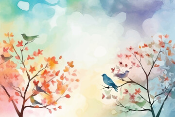Watercolor Vector Background With Birds | Hand-Painted Wall Mate