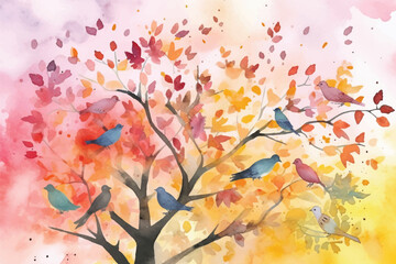 Watercolor Vector Background With Birds | Hand-Painted Wall Mate