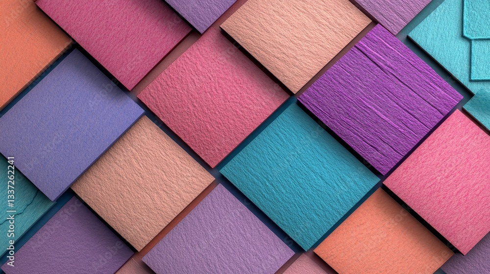 Poster vibrant hues and depth are showcased in a geometric pattern created by arranging colorful layered pa