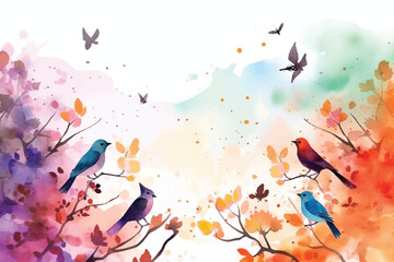 Watercolor Vector Background With Birds | Hand-Painted Wall Mate