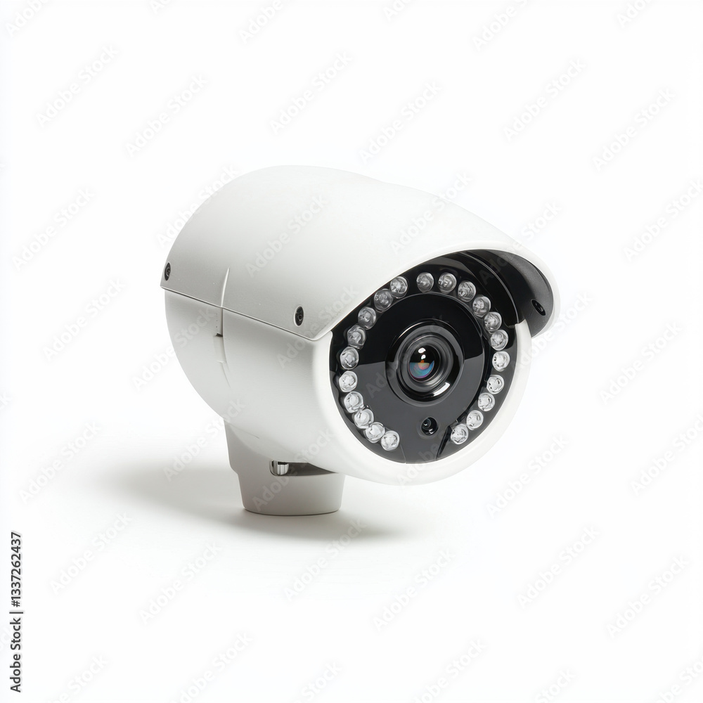 Poster a modern wireless security camera displayed on a clean white background showcasing advanced technolo