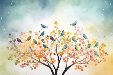 Watercolor Vector Background With Birds | Hand-Painted Wall Mate