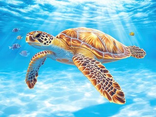 Fototapeta premium Majestic sea turtle gracefully swimming in clear blue ocean waters, surrounded by fish