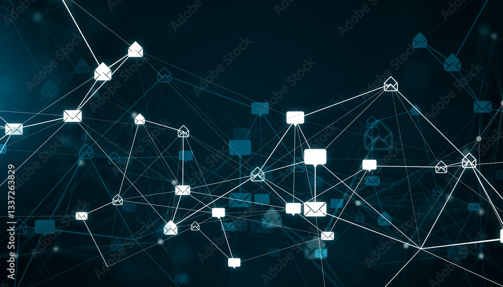 Aufkleber Digital email network with glowing envelope icons connected by lines. 3D Rendering