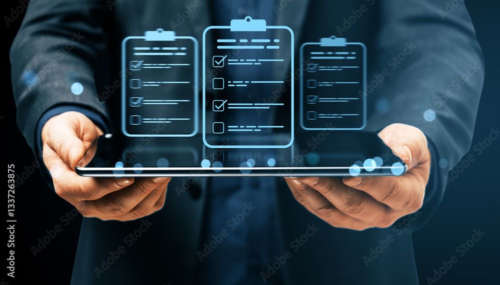 Poster digital checklist management on tablet in business concept.