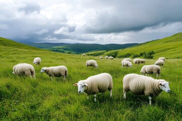 Obraz premium Countryside grazing sheep outdoors.