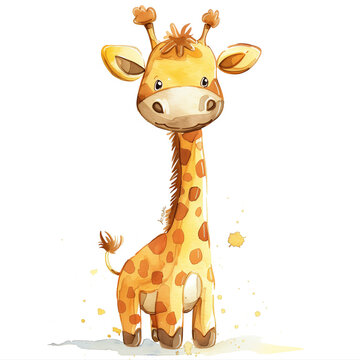 Fototapeta Adorable cartoon giraffe, watercolor safari animal illustration on white background