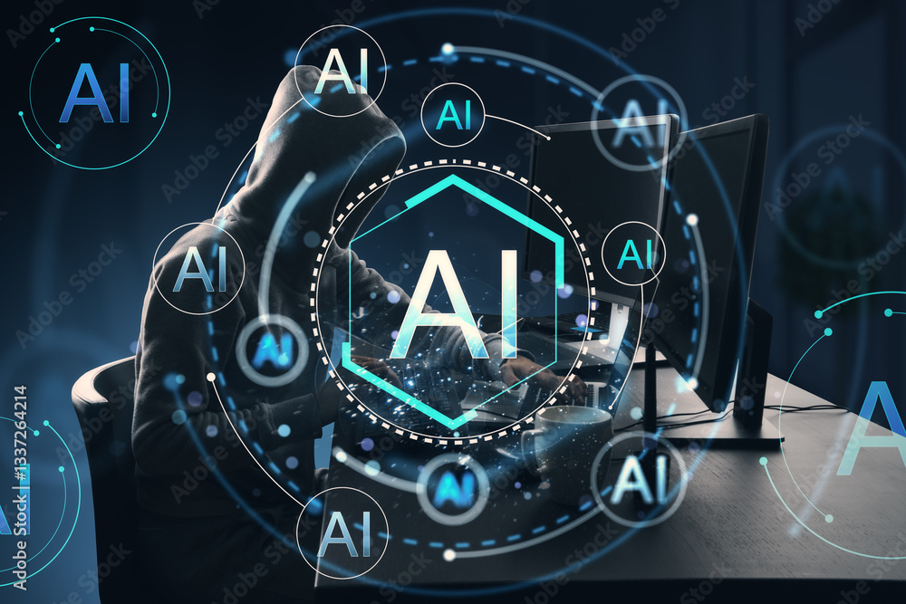 Poster Anonymous hacker in hoodie using computer with AI digital symbols.