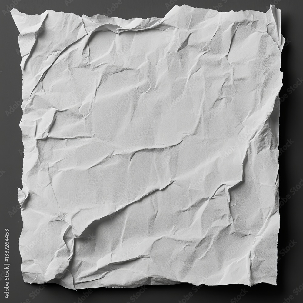 Poster a white, crumpled paper with numerous creases and folds is set against a transparent backdrop, its t