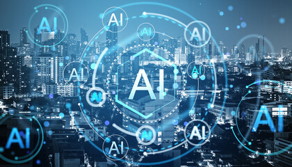 AI technology concept with digital symbols over modern city skyline at night.