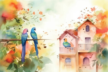 Watercolor Vector Background With Birds | Hand-Painted Wall Mate