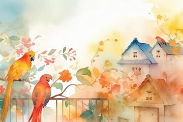 Watercolor Vector Background With Birds | Hand-Painted Wall Mate
