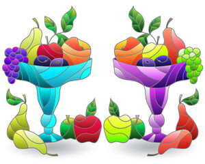 A set of stained glass illustrations with still lifes, vases with fruits and berries isolated on a white background