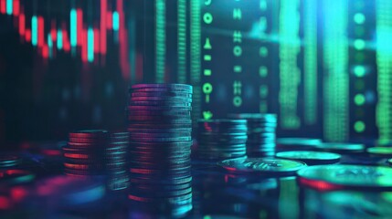 Fototapeta premium Growing money, finance and investment. Coins stack the growth comparative year 2024 to 2025 with a green success graph in 2025. business growth, profit, development and investment growth of a new year