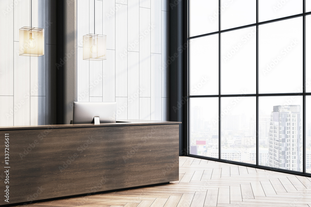 Poster modern office reception desk in luxury lobby with city view through large glass windows. 3d renderin
