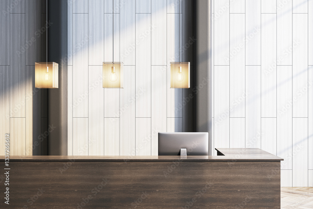 Leinwandbilder modern hotel reception desk with wooden counter and computer. 3d rendering