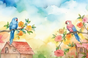 Watercolor Vector Background With Birds | Hand-Painted Wall Mate
